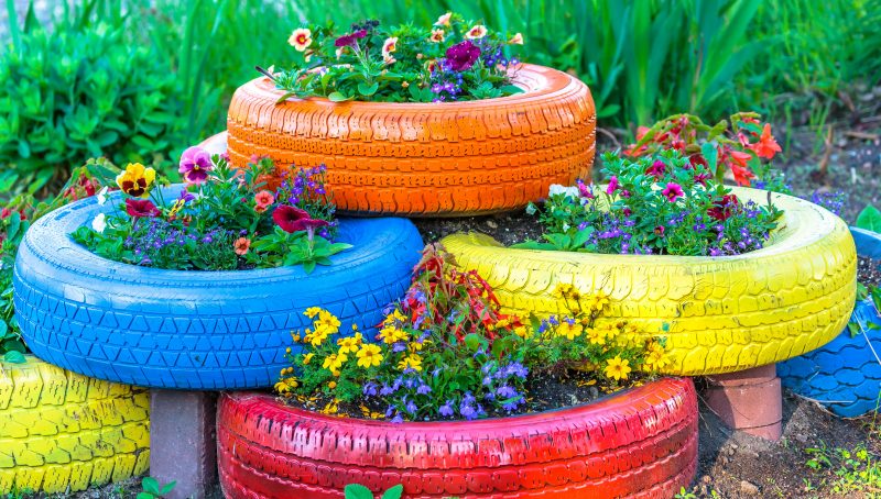 tires reused as flower planters
