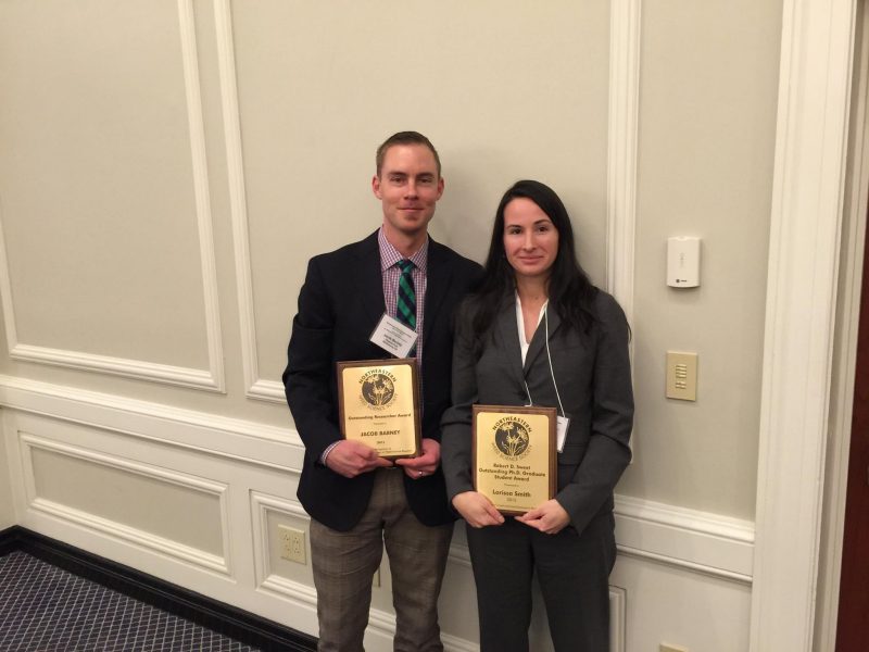 Dr. Jacob Barney and his graduate student, Larissa Smith, recently received NWSS awards