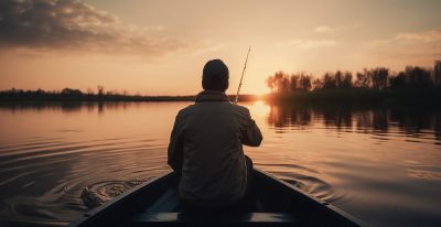 fisherman on a canoe in river at sunset