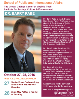 Guest Speaker Dr. Barry Rabe will give two presentations on Carbon Pricing and Fracking Politics Oct. 27-28 in Fralin