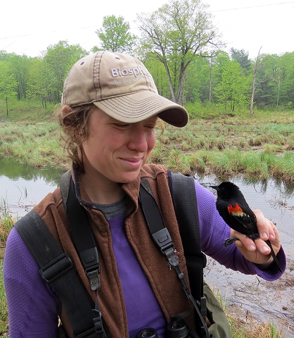 Laura admiring a red-winged blackbird during a field survey in 2015 at the Queen’s University Biological Station.