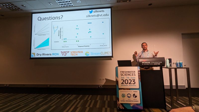 Sam presenting his research on genetic structure in freshwater invertebrates at Freshwater Sciences 2023 Conference in Brisbane, Australia. 