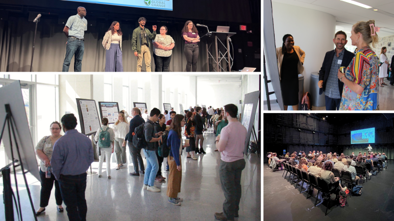 Collage of four images from IGC Symposium. The top left image shows five individuals standing on stage during their capstone presentation, with a screen behind them displaying a logo. The bottom left image captures a busy poster session in a bright hallway, with participants discussing research in front of large display boards. The top right image shows three people chatting and smiling in a hallway during a poster session. The bottom right image depicts a seated audience in a dark auditorium listening to the keynote speaker who is presenting slides.