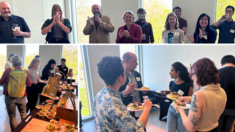 A collage of three images from the IGC Symposium reception. The top image shows a group of attendees standing in a line, smiling, clapping, and holding drinks in a well-lit room with large windows. The bottom left image features people serving themselves from a buffet-style table with a colorful array of food. The bottom right image shows small groups of attendees holding plates and drinks, engaged in conversation and enjoying the food.