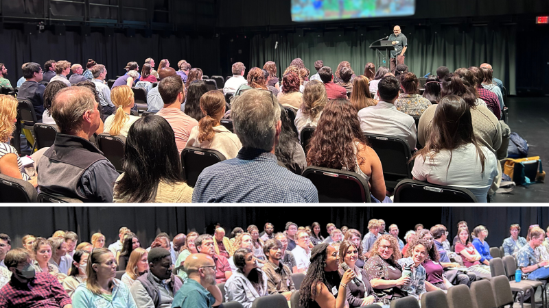 Two images from Dr. Corey Welch Keynote. The top image shows rows of attendees listening to Dr. Corey Welch's keynote. The bottom image shows attendees during the Q&A session.