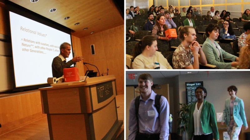 Collage of three images from the symposium. Left: Dr. James Aronson delivered a keynote titled, 'Biocultural (~Holistic) Restoration and Human Health with Links to Ecohealth and Sustainability, Networks of Networks, Biodiversity, & Relational Values. Top right: BERI member Dr. Sally Entrekin asks a question during talks in Steger Auditorium. Bottom right: Attendees walk down the hallway to participate in the poster sessions.