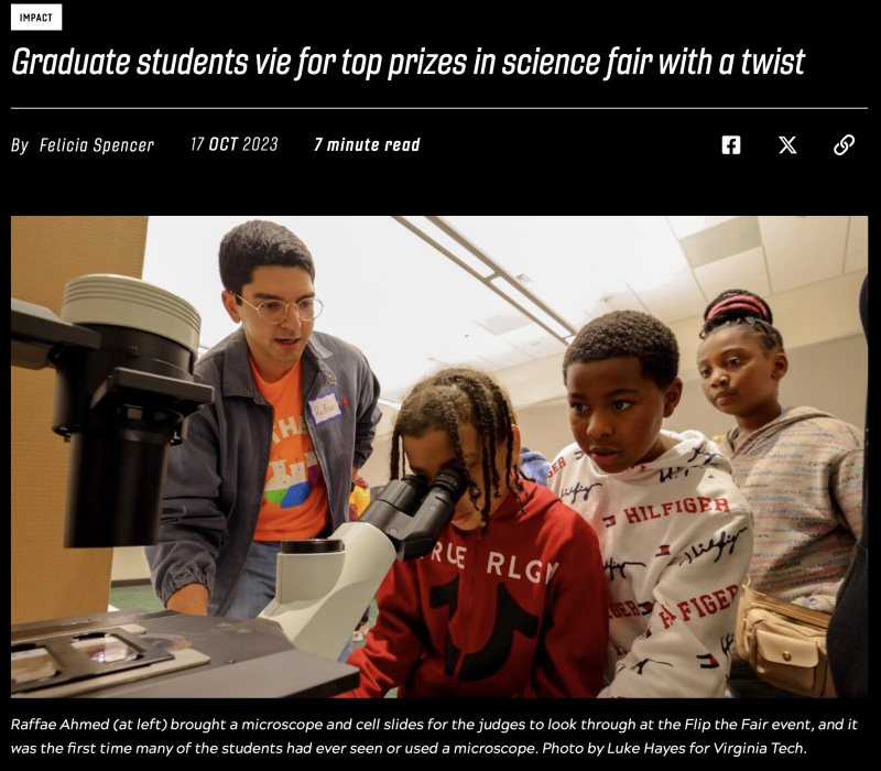 VT News Article titled, 'Graduate students vie for top prizes in science fair with a twist'